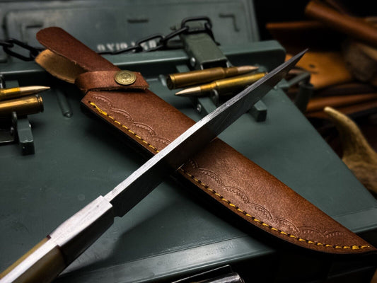 Handmade Damascus Steel Chef Knife with Camel Bone Handle & Leather Sheath – 4" Blade