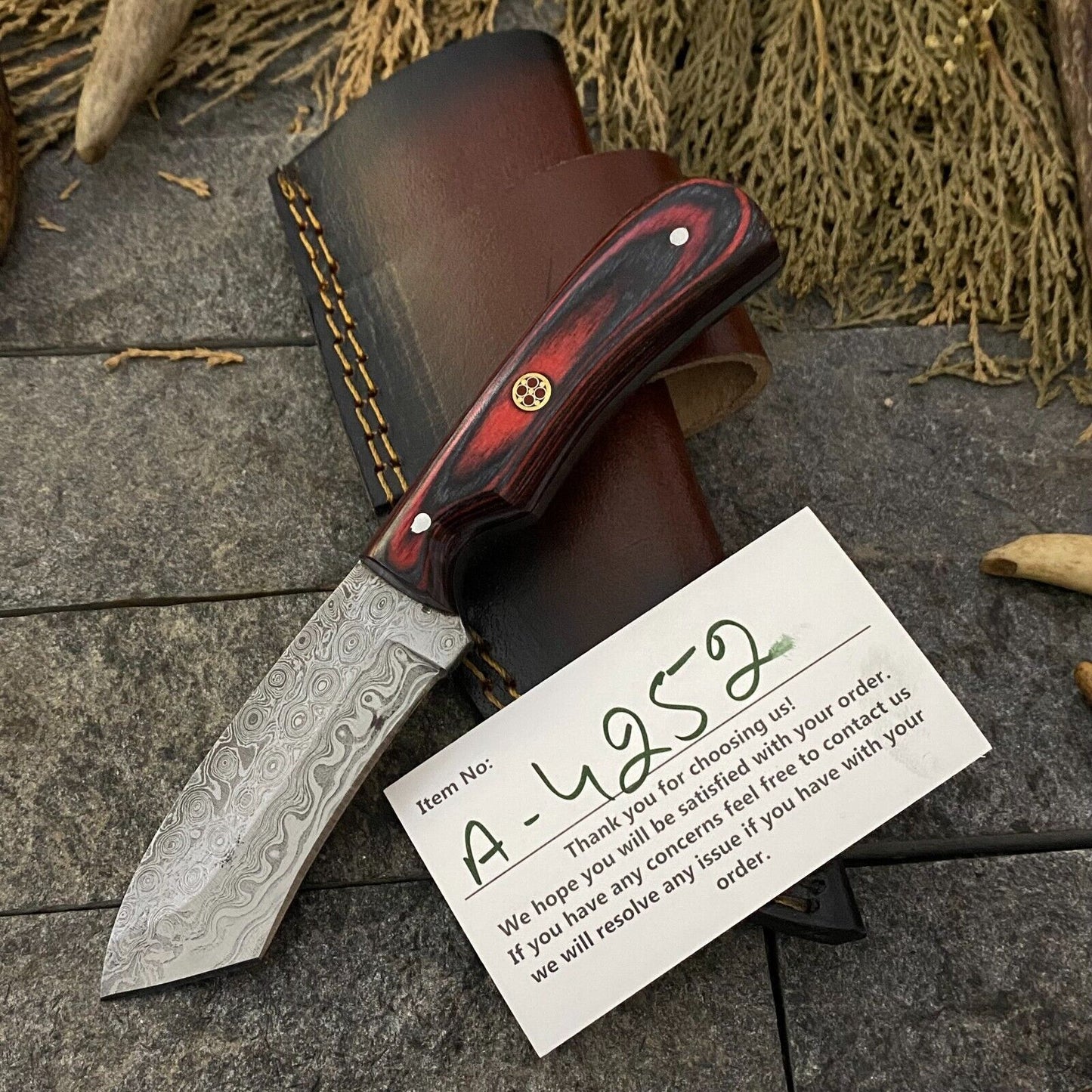 Heritage Forge 6.5 Inch Damascus Steel Skinner Knife with Wood Handle and Leather Sheath