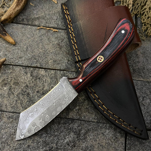 Heritage Forge 6.5 Inch Damascus Steel Skinner Knife with Wood Handle and Leather Sheath