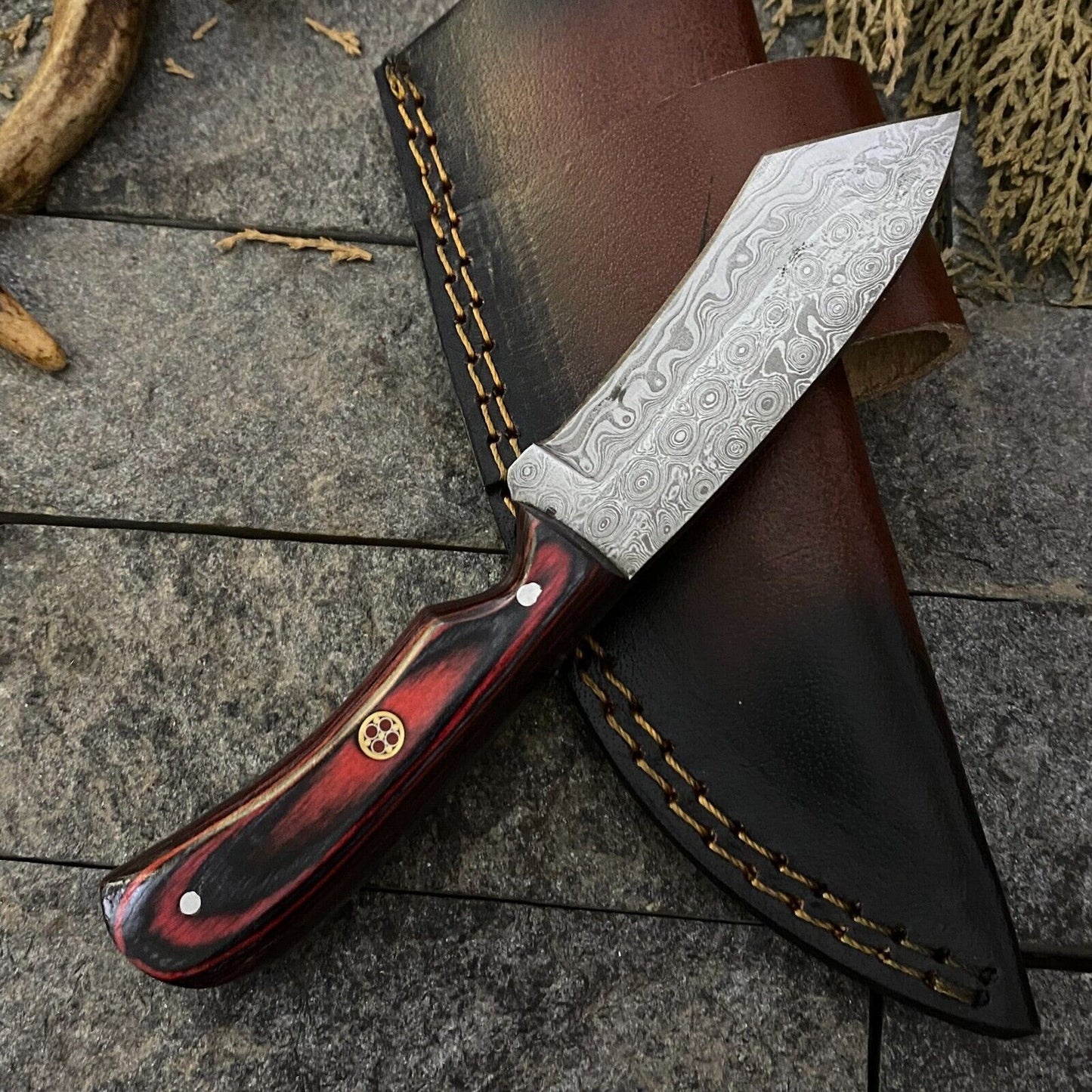 Heritage Forge 6.5 Inch Damascus Steel Skinner Knife with Wood Handle and Leather Sheath