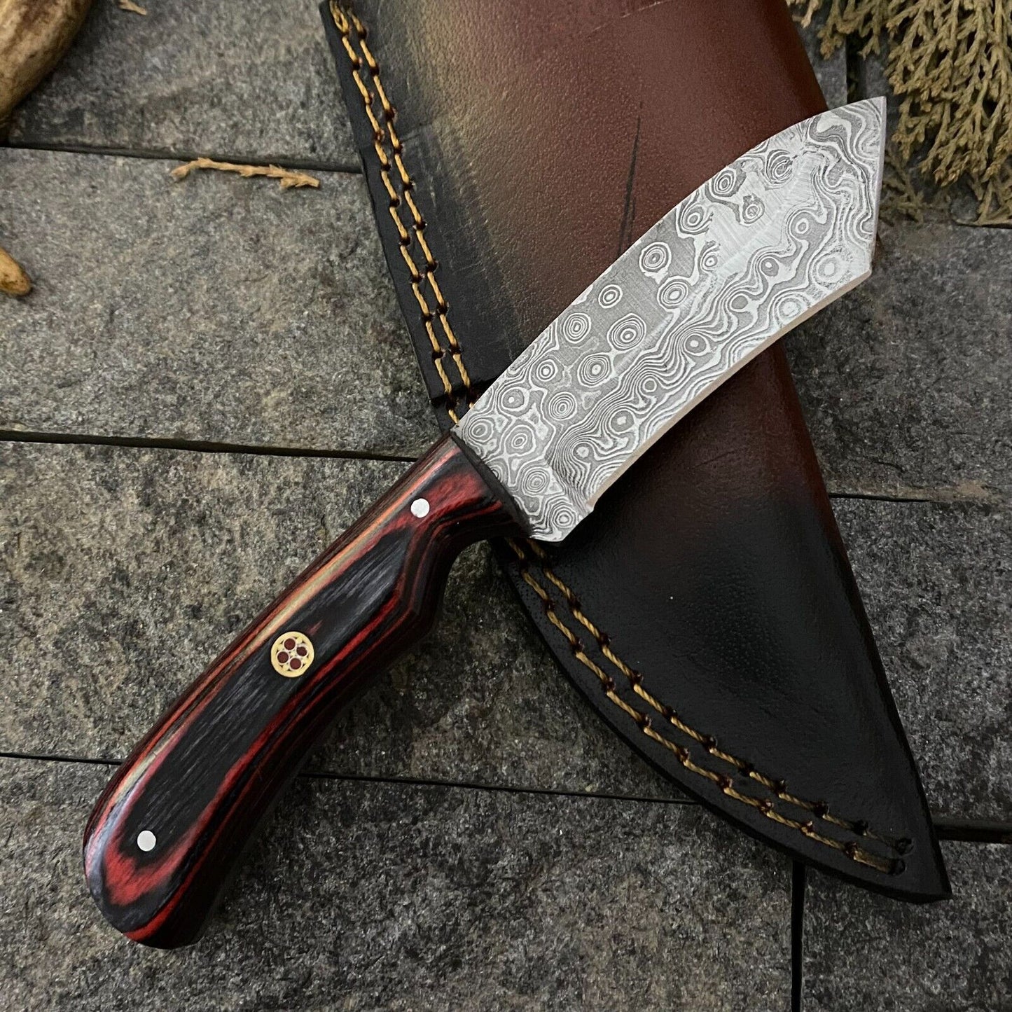 Heritage Forge 6.5 Inch Damascus Steel Skinner Knife with Wood Handle and Leather Sheath