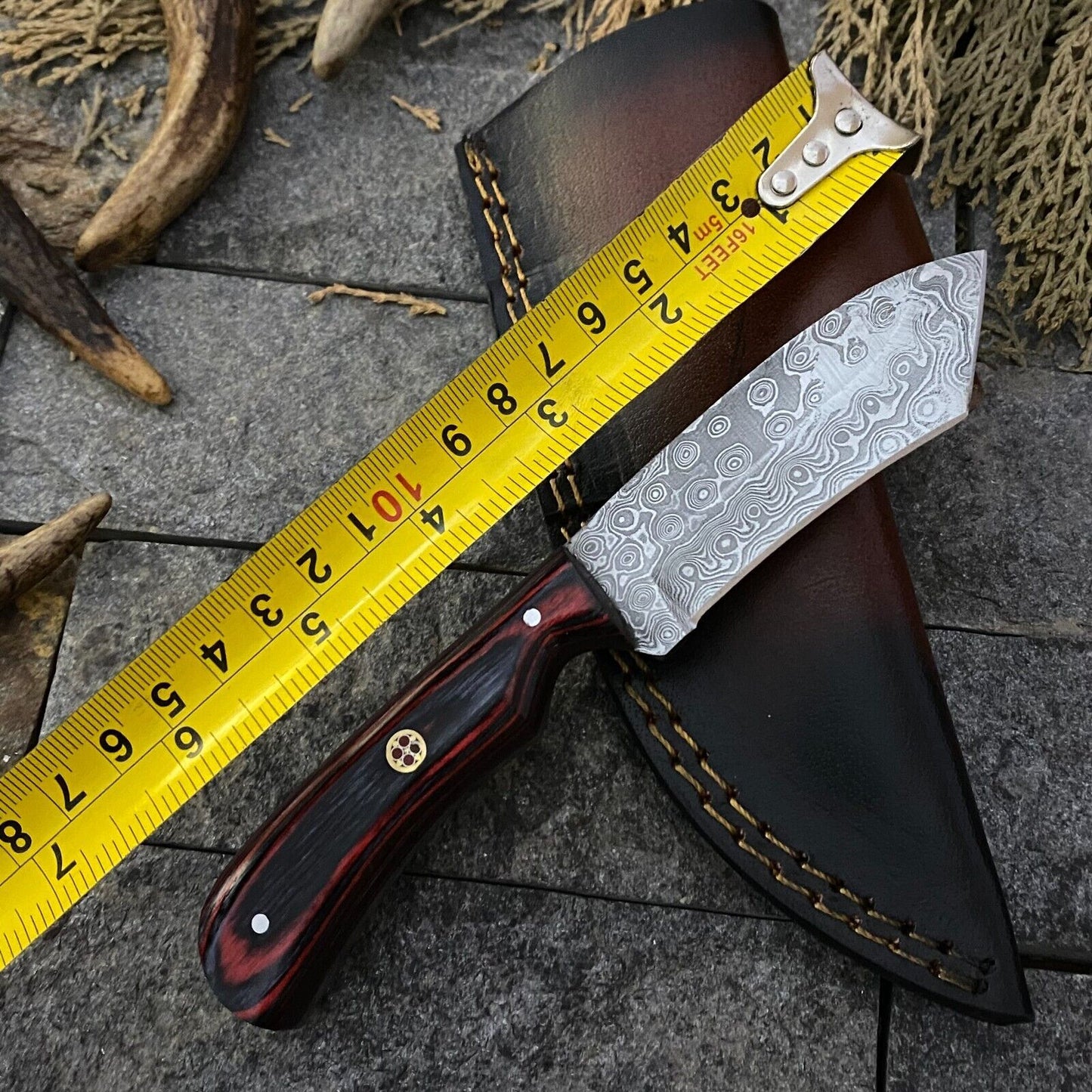 Heritage Forge 6.5 Inch Damascus Steel Skinner Knife with Wood Handle and Leather Sheath