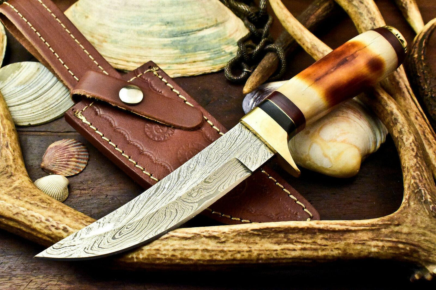 10" Damascus Bowie Hunting Knife – Stained Camel Bone Handle with Leather Sheath