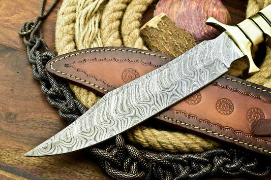 16" Damascus Bowie Knife – Laser Etched Blade & Stained Camel Bone Handle