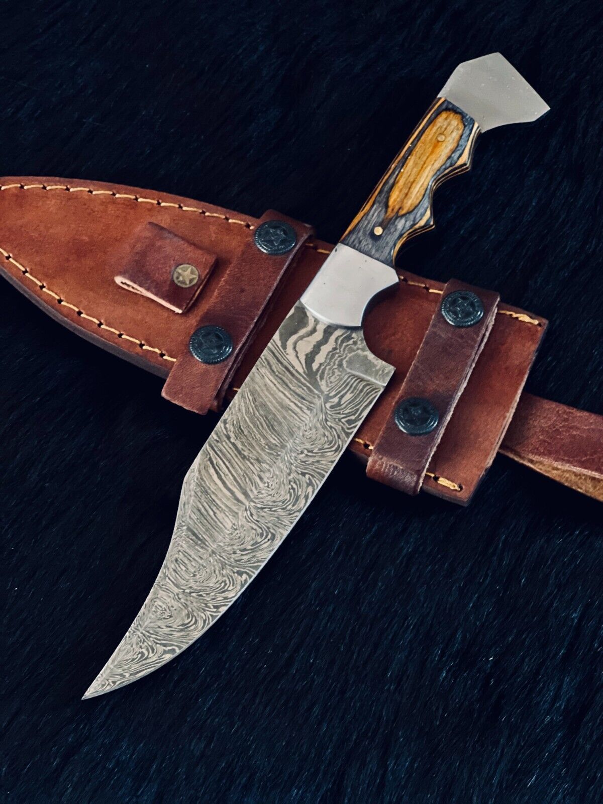 11" Fire Damascus Steel Bowie Knife – Wood Handle with Leather Sheath