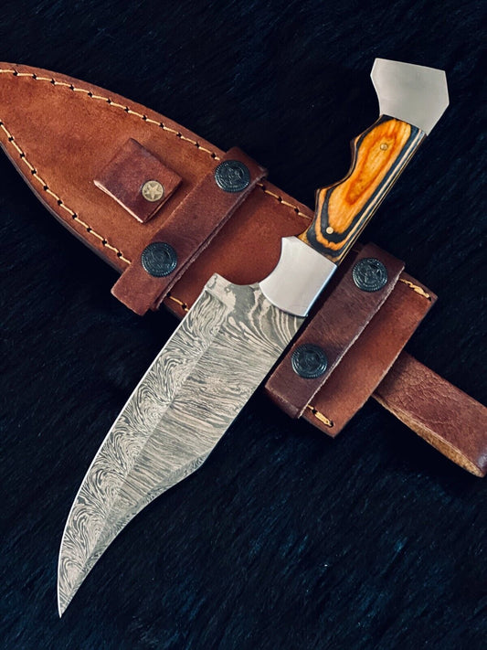 11" Fire Damascus Steel Bowie Knife – Wood Handle with Leather Sheath
