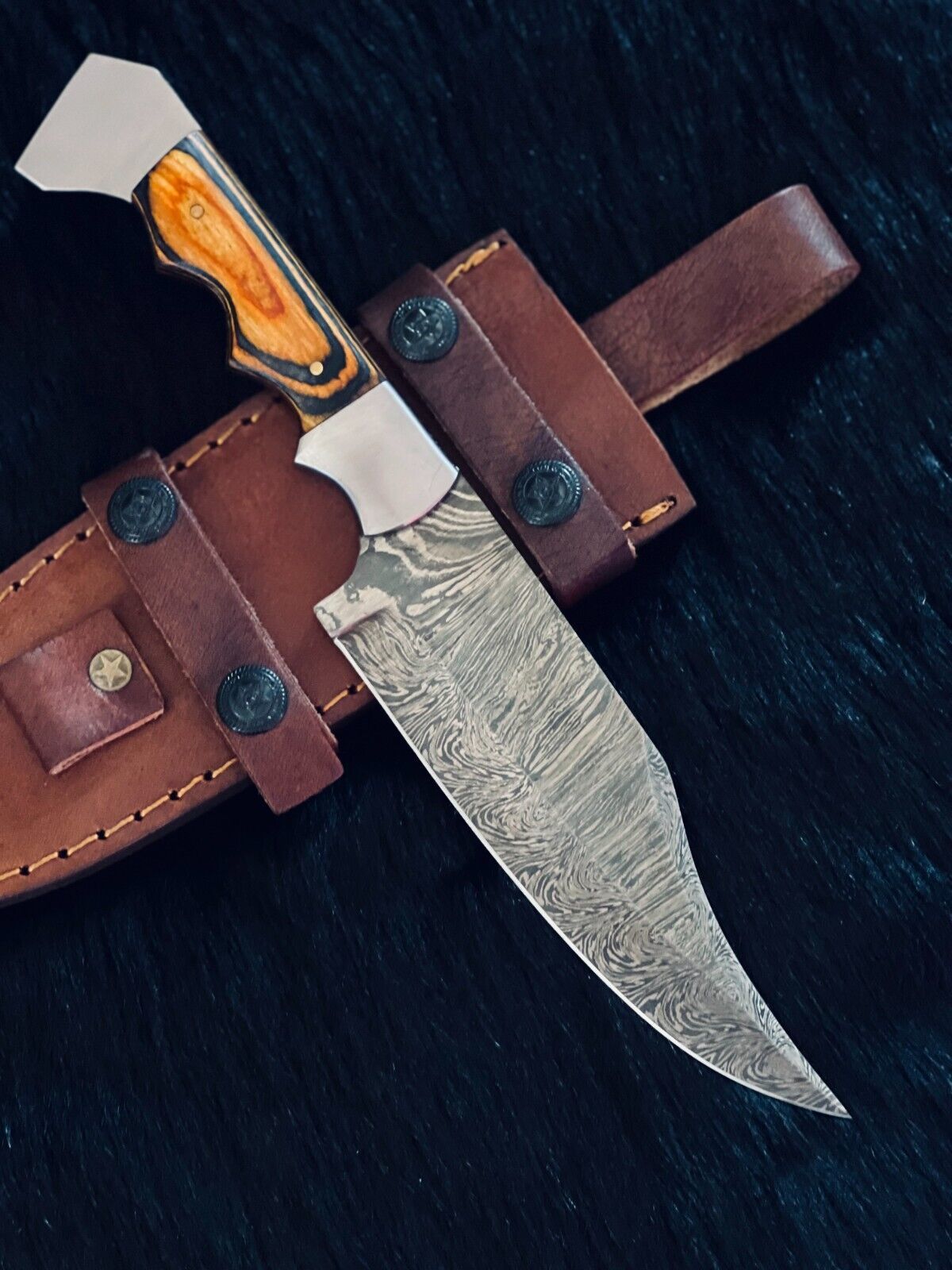 11" Fire Damascus Steel Bowie Knife – Wood Handle with Leather Sheath