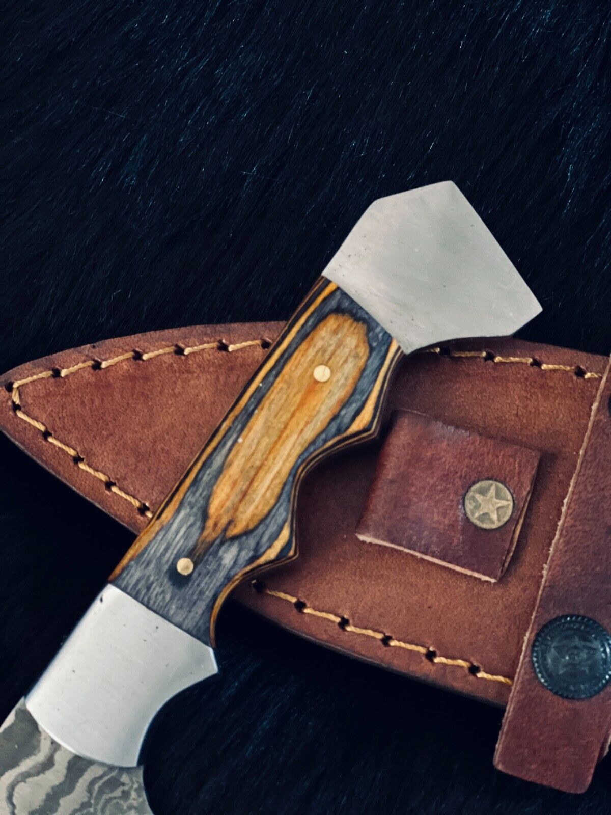 11" Fire Damascus Steel Bowie Knife – Wood Handle with Leather Sheath
