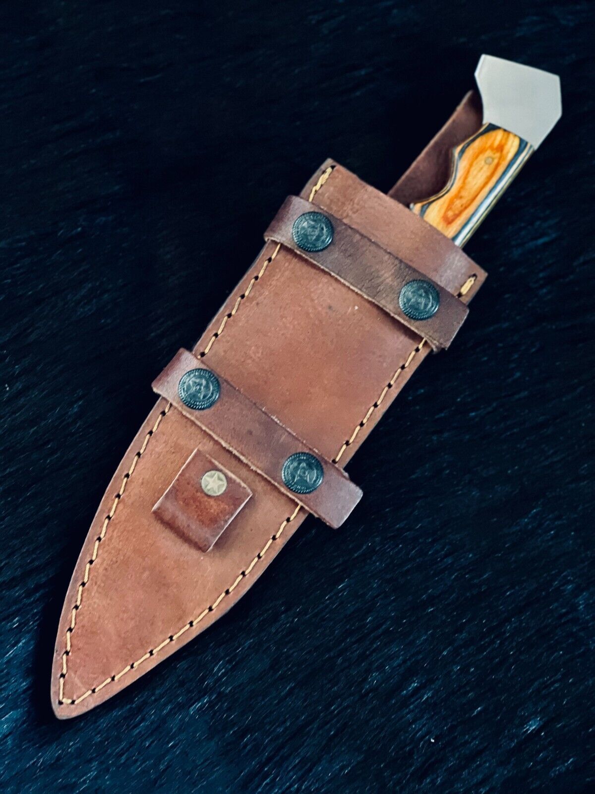 11" Fire Damascus Steel Bowie Knife – Wood Handle with Leather Sheath