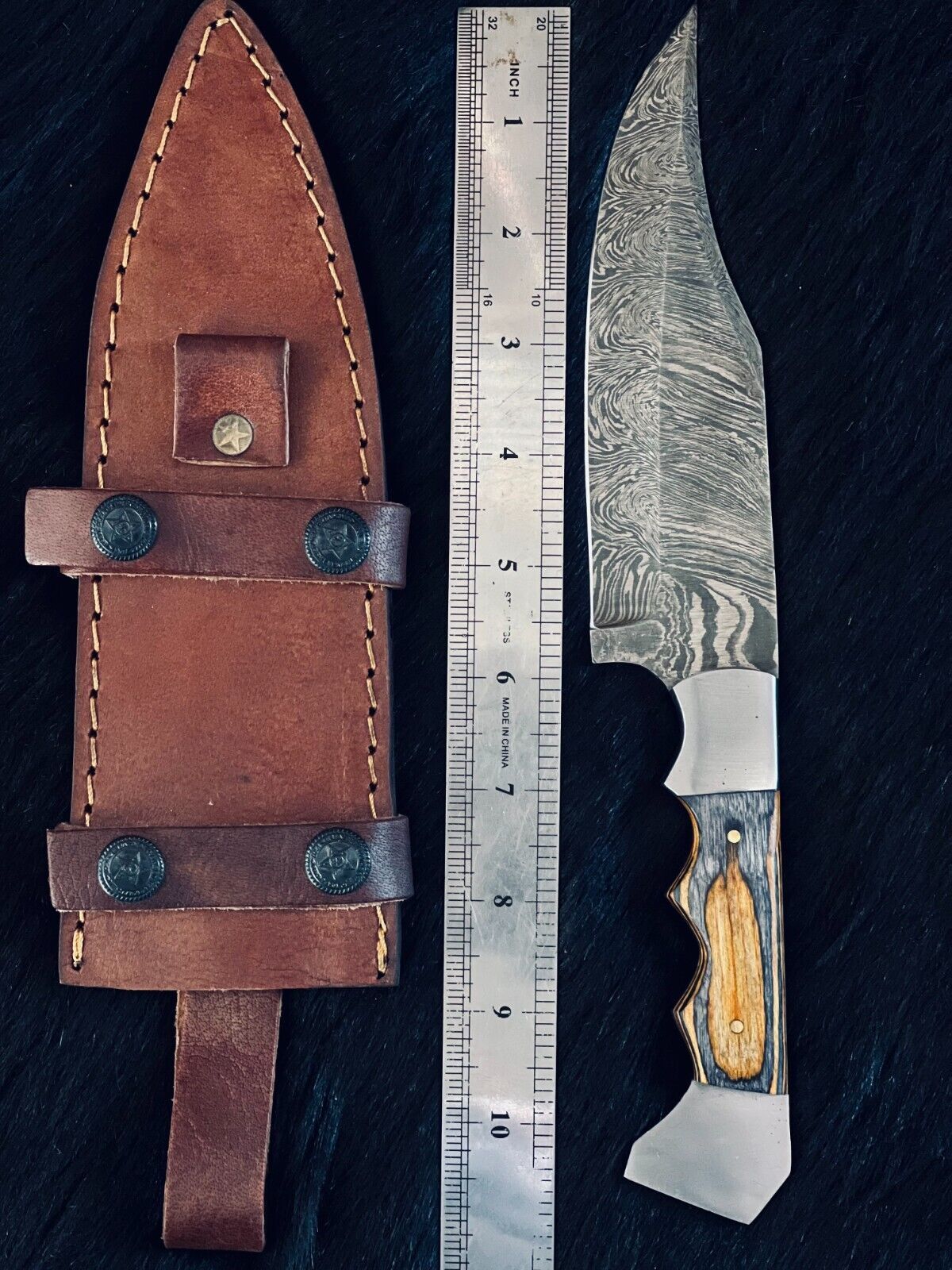 11" Fire Damascus Steel Bowie Knife – Wood Handle with Leather Sheath