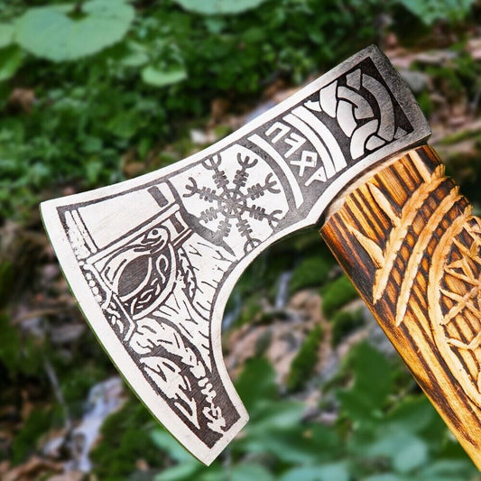 Hand Forged Bearded Ragnar Viking Axe 13" Damascus Steel Camping Hatchet