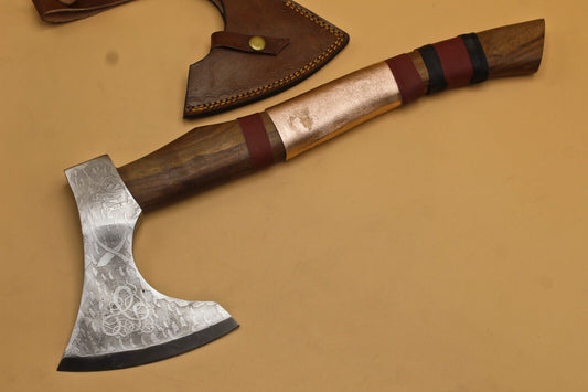 Hand Forged Carbon Steel Viking Bearded Hatchet Axe with 20 Inch Handle and Leather Sheath