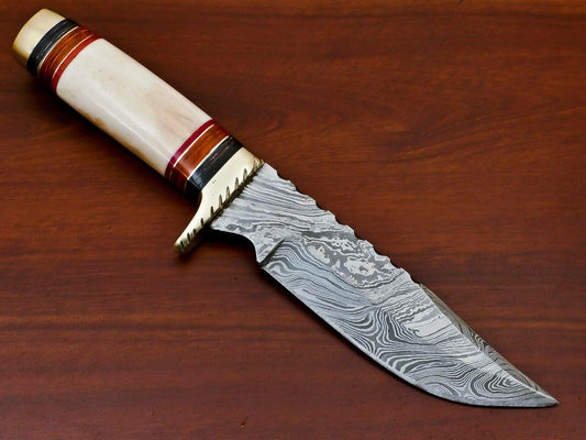 Handmade Damascus Steel Bowie Hunting Knife | Camel Bone Handle