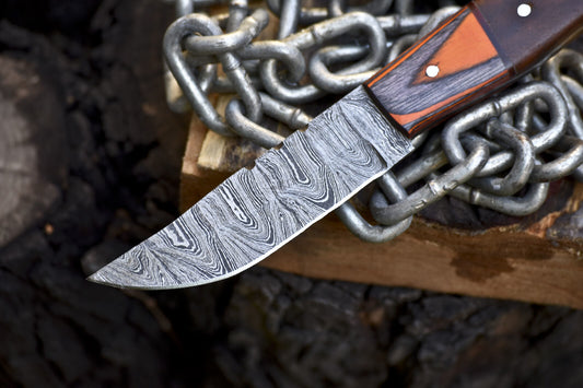 Custom Skinner Knife Twist Damascus Walnut Wood Handle Wooden Bolster Hiking Knife