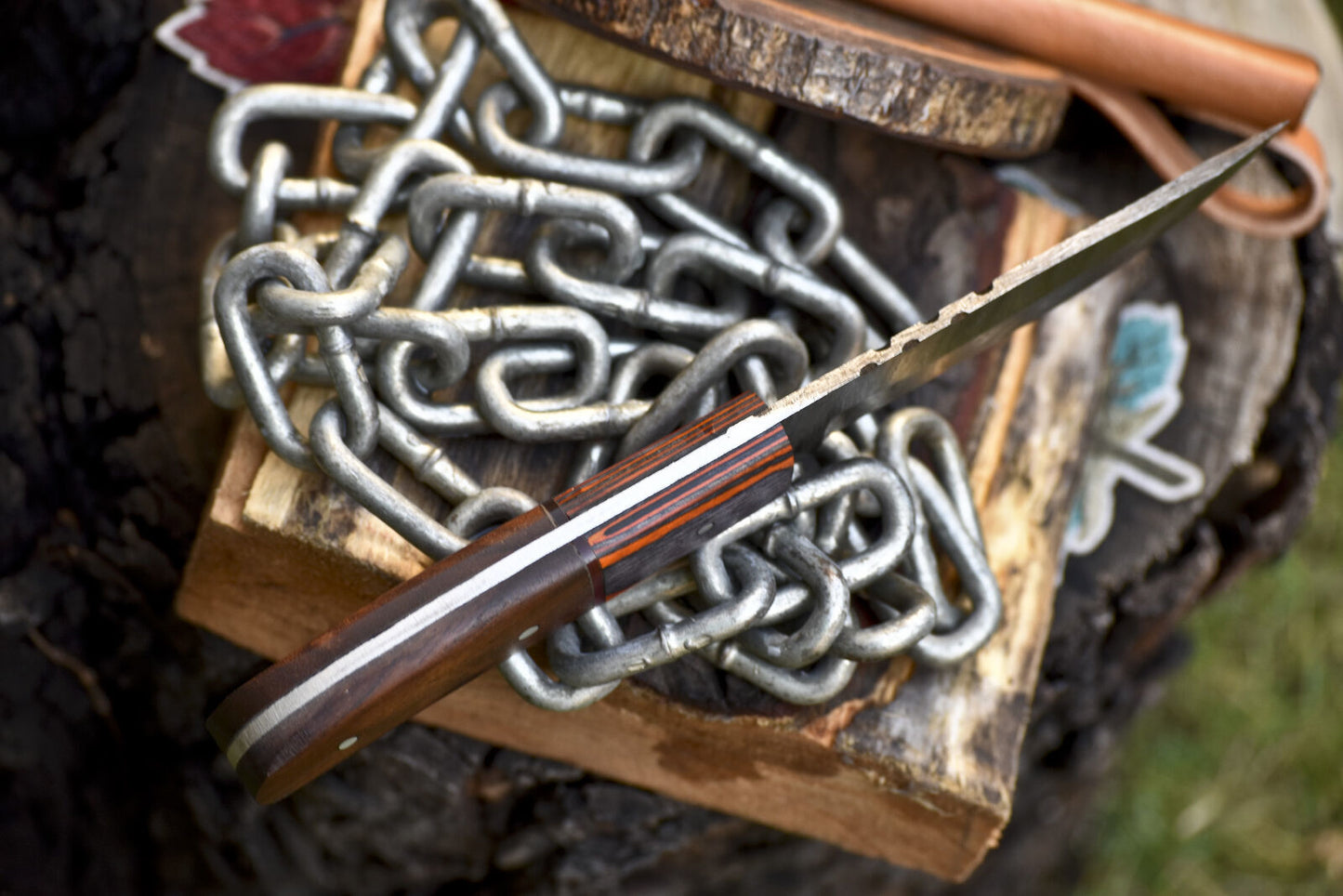 Custom Skinner Knife Twist Damascus Walnut Wood Handle Wooden Bolster Hiking Knife