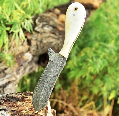 Damascus Steel Bull Cutter Knife Custom Handmade Hunting Bull Cutter with Camel Bone Handle