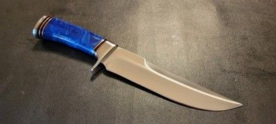 12 Inch Custom D2 Steel Hunting Bowie Knife with Blue Resin Handle & Leather Sheath