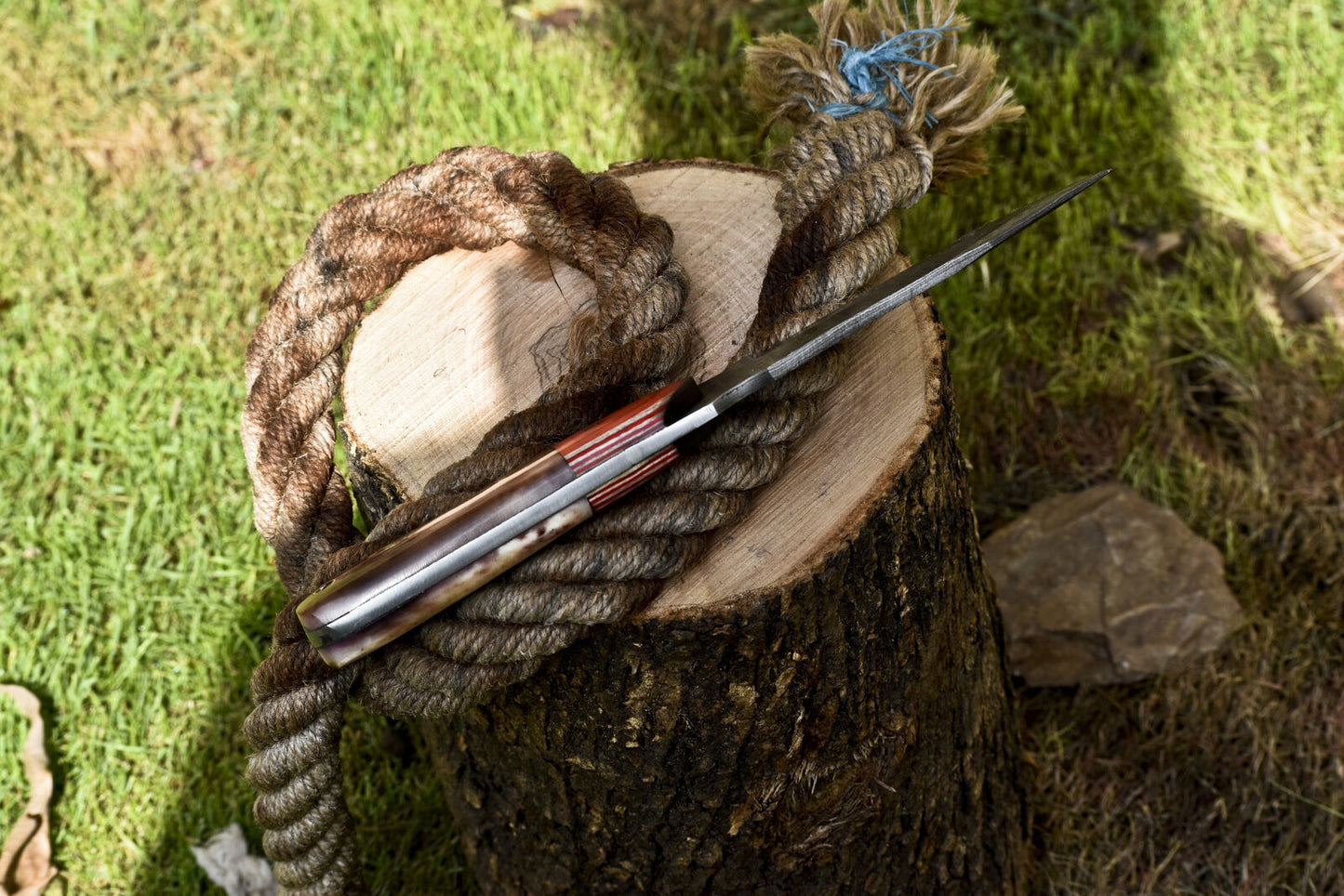 Custom Skinner Knife Ladder Damascus Bone Wooden Bolster Survival