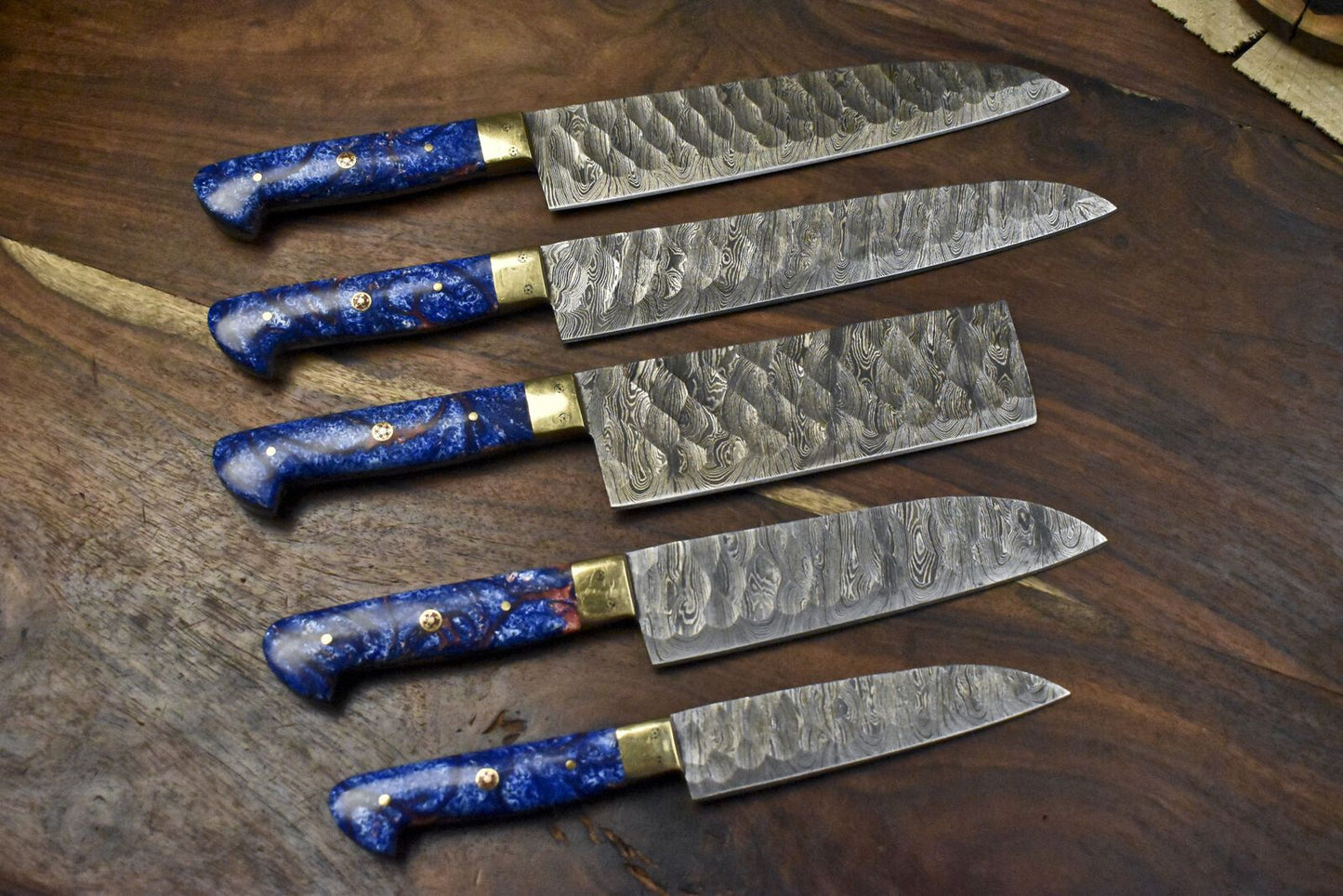 Hand Forged Chef Knife Set – Lot of 5 Twist Pattern Damascus Steel Knives with Micarta Handles & Brass Bolster