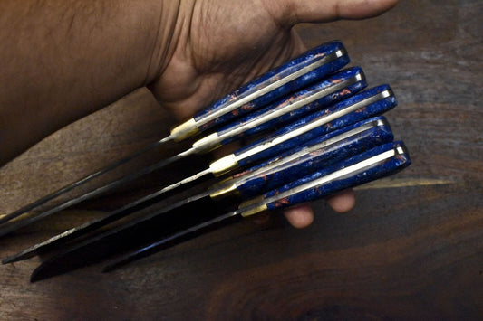 Hand Forged Chef Knife Set – Lot of 5 Twist Pattern Damascus Steel Knives with Micarta Handles & Brass Bolster