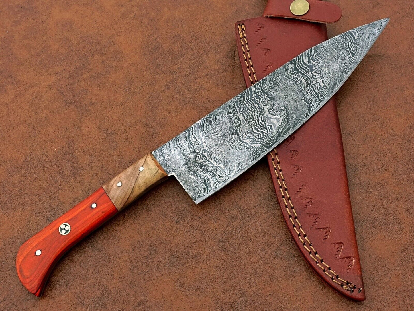 Custom Hand-Forged Damascus Chef Knife – Camping & Kitchen Knife Gift with Leather Sheath