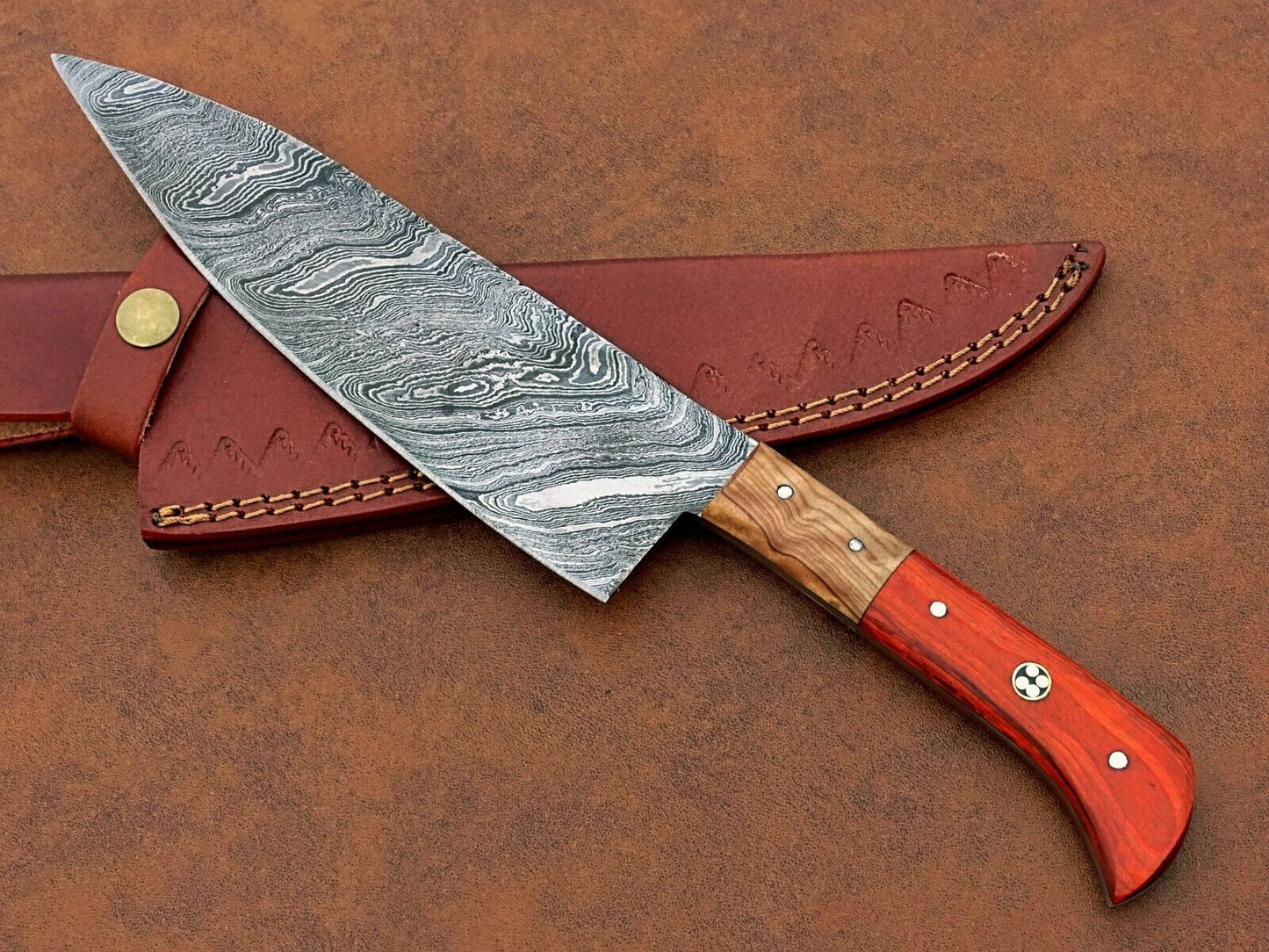 Custom Hand-Forged Damascus Chef Knife – Camping & Kitchen Knife Gift with Leather Sheath