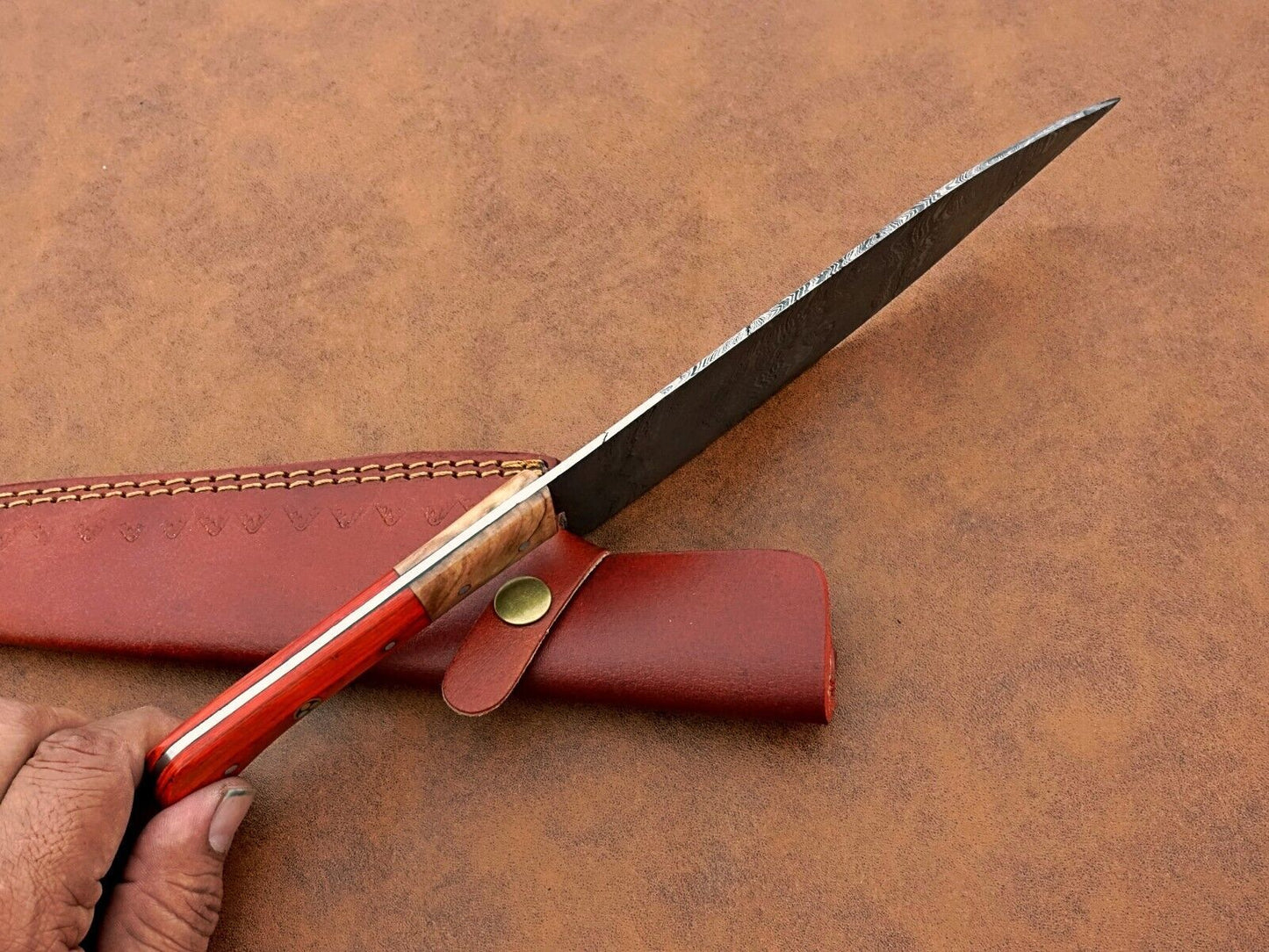 Custom Hand-Forged Damascus Chef Knife – Camping & Kitchen Knife Gift with Leather Sheath