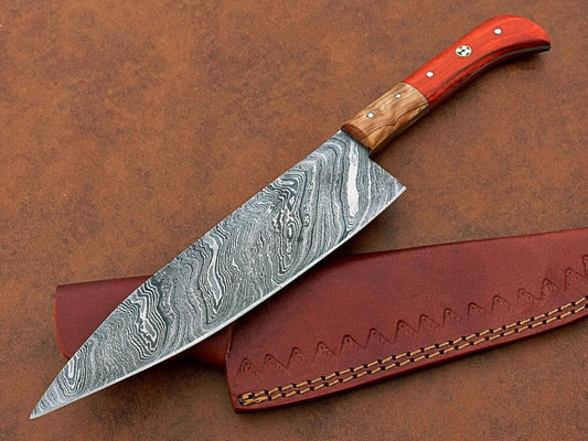 Custom Hand-Forged Damascus Chef Knife – Camping & Kitchen Knife Gift with Leather Sheath