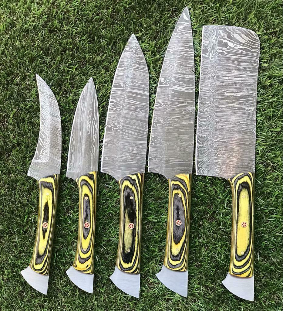 Custom Handmade Damascus Steel Chef Knife Set – 5 PCS Twist Pattern Walnut Handle