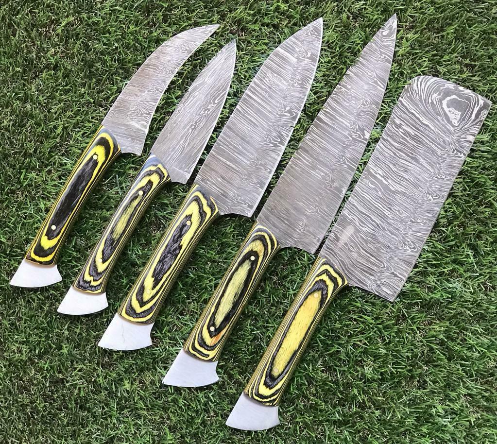 Custom Handmade Damascus Steel Chef Knife Set – 5 PCS Twist Pattern Walnut Handle