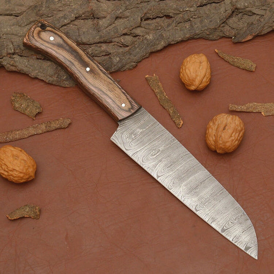 Handmade Damascus Steel Chef Knife – Full Tang Kitchen Knife with Wood Handle & Leather Sheath
