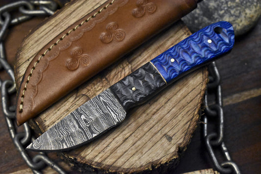 Twist Damascus Skinner Knife with Hardwood Handle and Wooden Bolster for Tactical Hunting Use