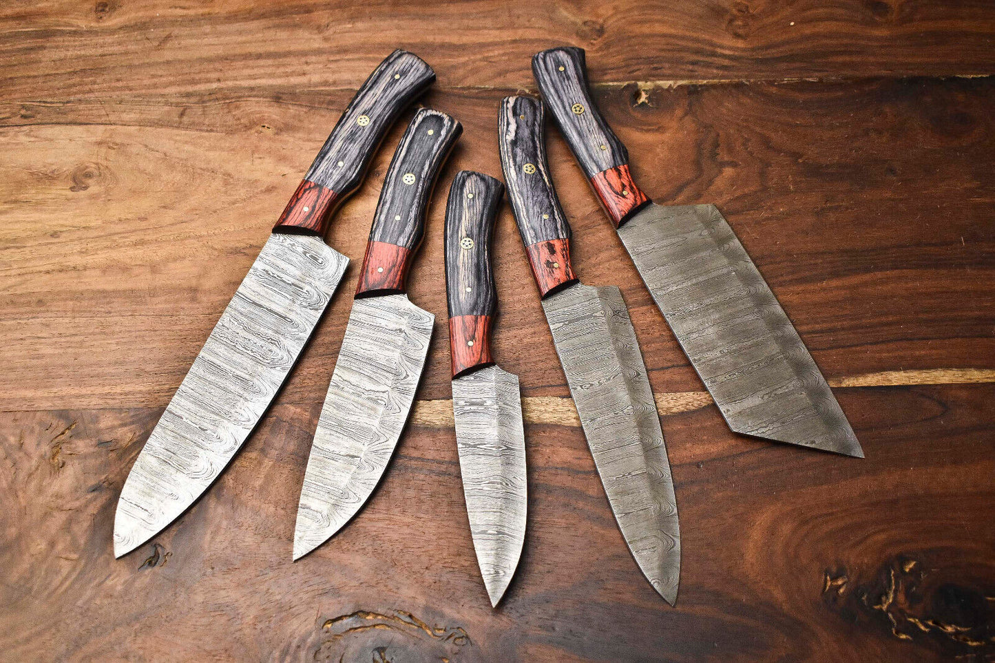 Custom Lot of 5 Rare Handmade Damascus Steel Blade Chef Knife Set