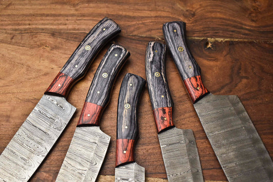Custom Lot of 5 Rare Handmade Damascus Steel Blade Chef Knife Set