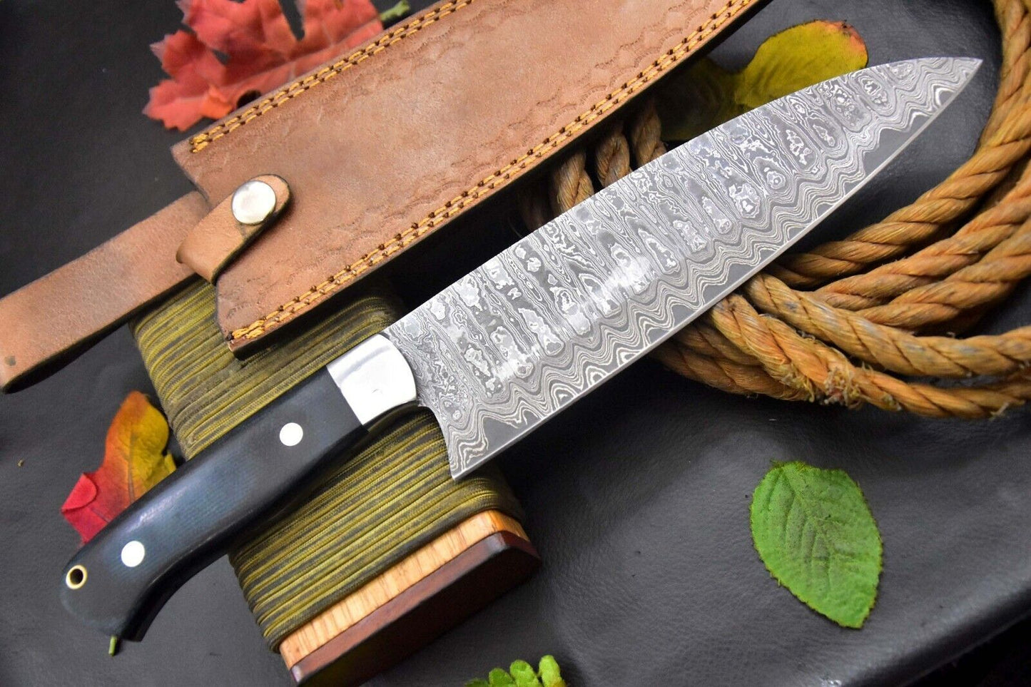 San Mai Damascus Steel Nakri Chef Knife Handmade – G-10 Micarta Handle with Leather Sheath