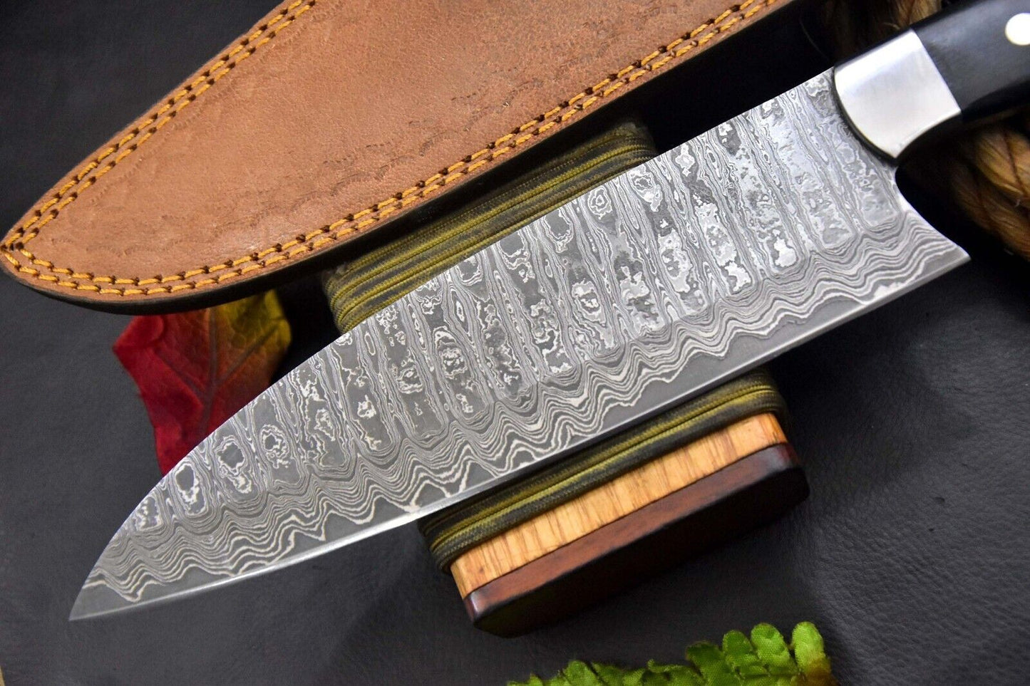 San Mai Damascus Steel Nakri Chef Knife Handmade – G-10 Micarta Handle with Leather Sheath