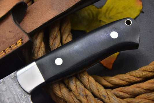 San Mai Damascus Steel Nakri Chef Knife Handmade – G-10 Micarta Handle with Leather Sheath