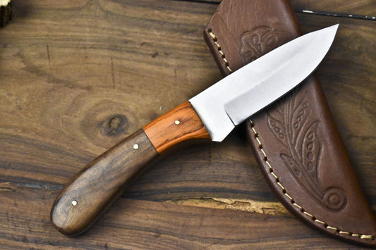 8.25" Custom Forged Skinner Knife AUS-8 Steel Walnut Wood Handle Wooden Bolster EDC with Leather Sheath