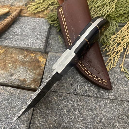 Handmade Damascus Gut Hook EDC Bowie Knife with Wood Handle