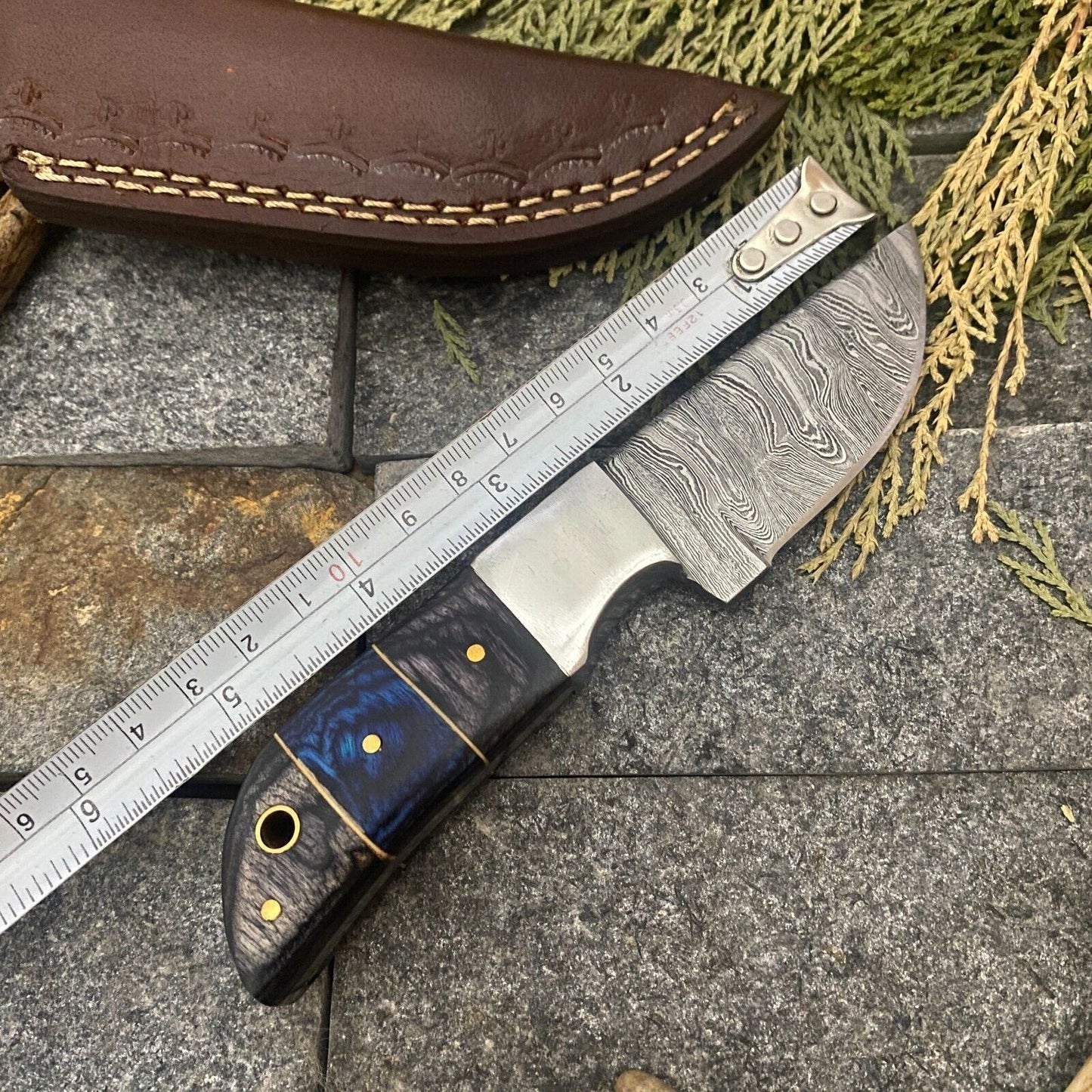 Handmade Damascus Gut Hook EDC Bowie Knife with Wood Handle