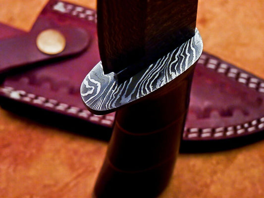 10" Damascus Bowie Hunting Knife – Camel Bone Handle & Leather Sheath