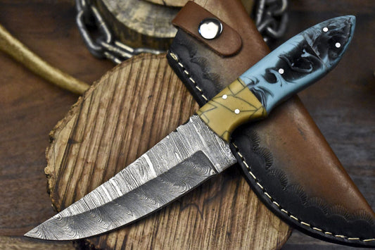 Handcrafted Twist Damascus Skinner Knife with Corian Handle – Gift-Ready Hunting Blade