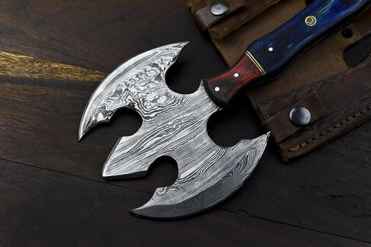 Handmade Damascus Steel Hard Wood Clever Chopper Axe Knife with Leather Sheath