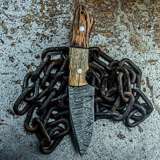 8.5" Heritage Forge Damascus Steel Tactical Hunting Knife – Custom Wood Handle & Sheath