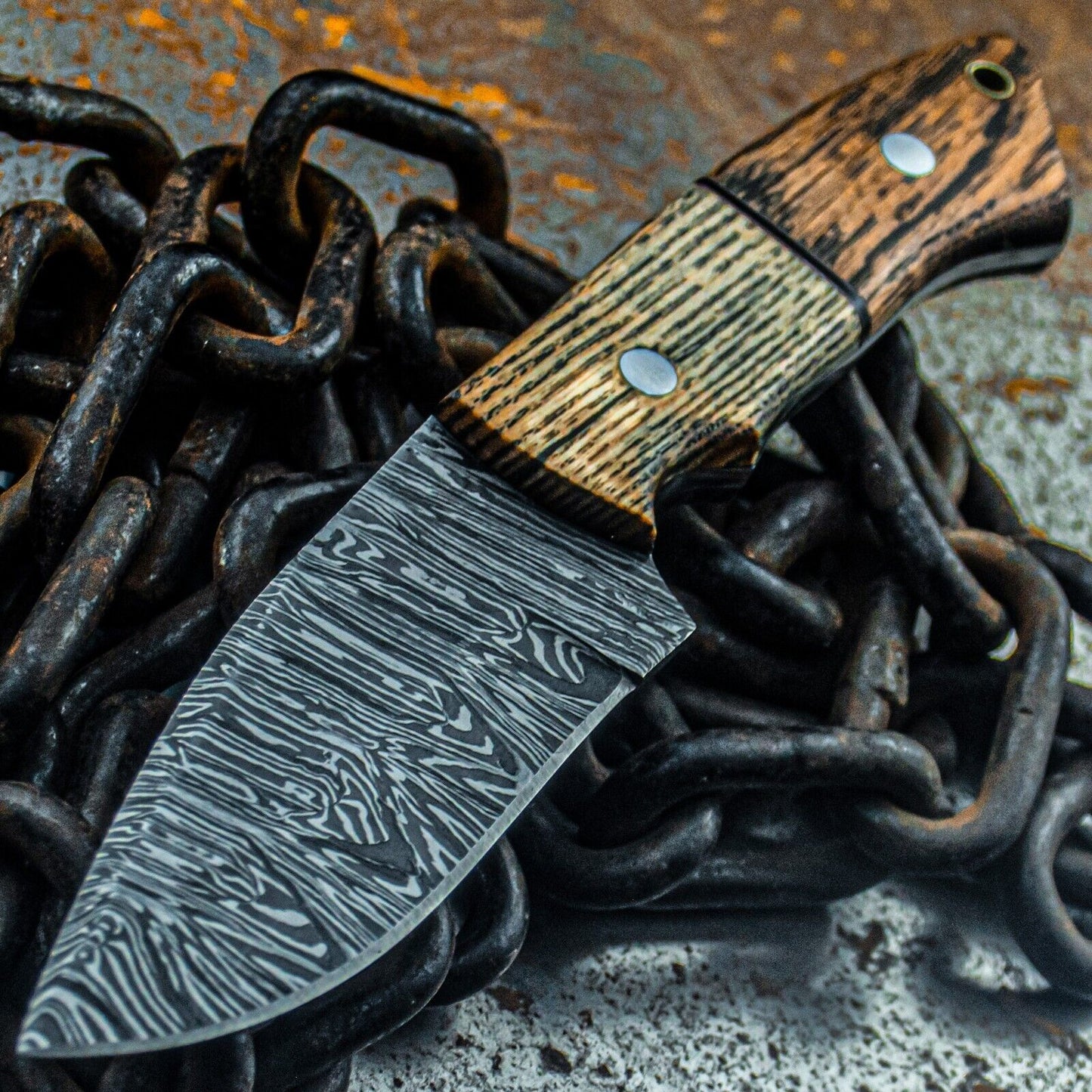 8.5" Heritage Forge Damascus Steel Tactical Hunting Knife – Custom Wood Handle & Sheath