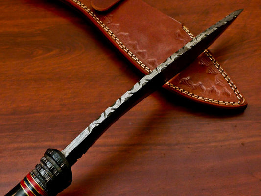 Hand Forged Damascus Khukri Bowie Knife – 15" Carved Hardwood Handle