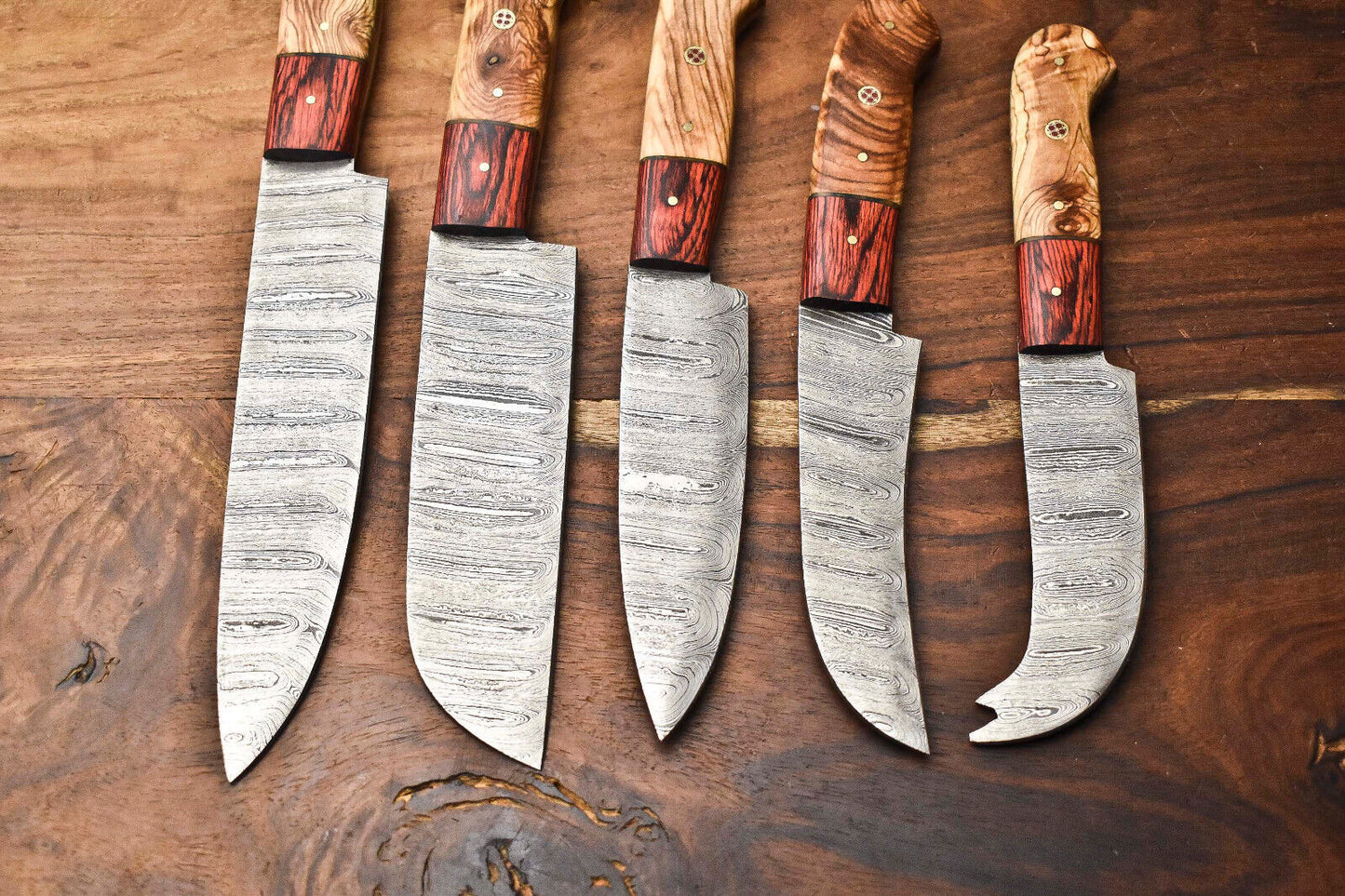 Custom Lot of 5 Handmade Hammered Damascus Steel Blade Chef Knife Set – Professional Kitchen Knives