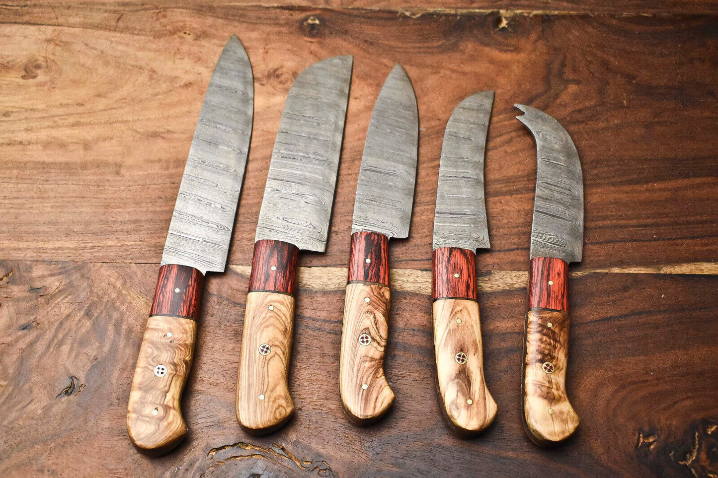Custom Lot of 5 Handmade Hammered Damascus Steel Blade Chef Knife Set – Professional Kitchen Knives
