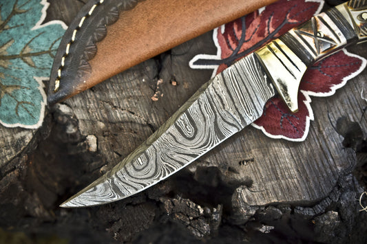 Hand Crafted Skinner Knife Twist Damascus Bone Brass Guard EDC w/ Leather Sheath