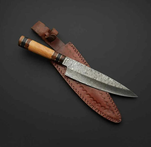 13" Santoku Japanese Style Damascus Steel Custom Handmade Chef Kitchen Knife – 8" Blade, Wood Handle, Leather Sheath